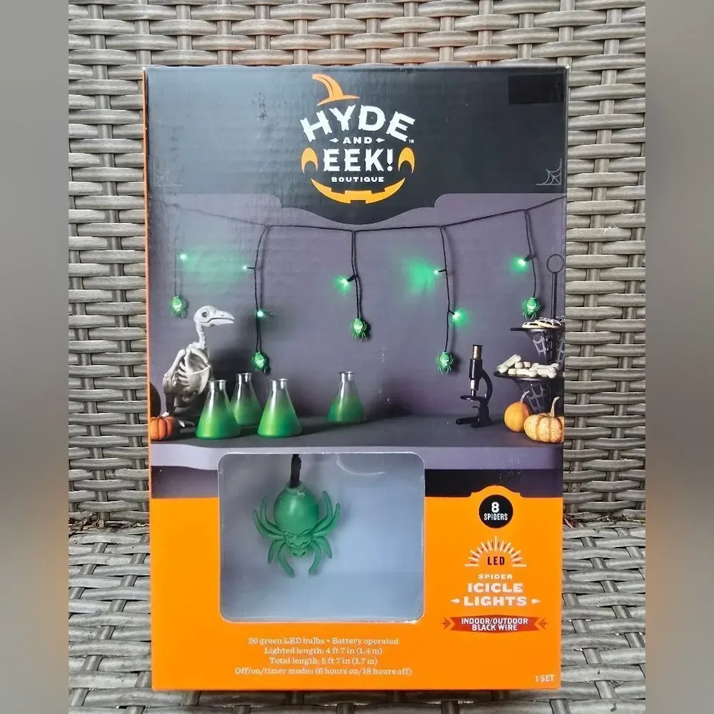 20ct Plastic Die Cut Spider Indoor Outdoor Novelty Icicle String Lights Green
